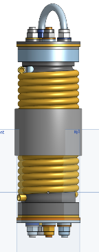 CAD model of a cylindrical avionics bay with coiled tubing around the outside